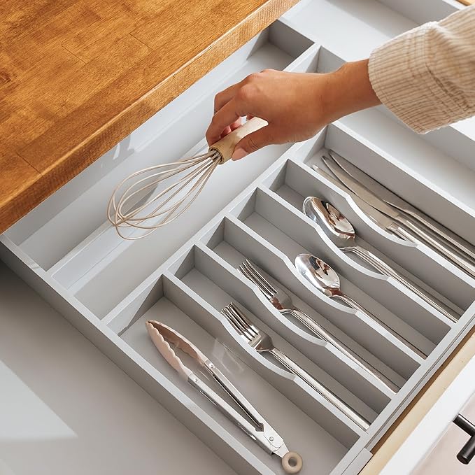 KitchenEdge Premium Silverware, Flatware and Utensil Organizer for Kitchen Drawers, Food-Safe Contract Grade, Expandable from 18 to 33 In, Gray Bamboo