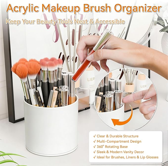 Yieach Rotating Acrylic Makeup Brush Holder for Vanity,Bathroom Countertop,Round Makeup Brushes Organizer,Spinning Cosmetic Brushes Holder,Make up Brush Storage and Office Desk Pen or Pencil Cup,White