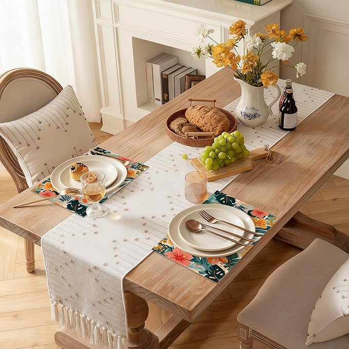 Placemats Set of 6, Tropical Floral Orange Flowers Linen Placemats 12x18 Inch, Heat Resistant Table Mats, Washable Non Slip Place Mats for Dining Table Kitchen Home
