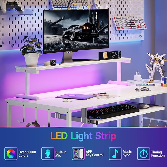 L Shaped Gaming Desk with Power Outlets & RGB Lights, 46'' L- Shaped Desk Computer Corner Desk with Monitor Stand & Storage Shelf & Hook, Home Office Desk Writing Desk, White