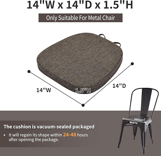 baibu 14x14 Memory Foam Metal Chair Cushions Set of 4, Dual-Layer Design Non-Slip Metal Dining Chair Pads Kitchen Seat Cushion with Machine Washable Cover, 4 Counts, Brown