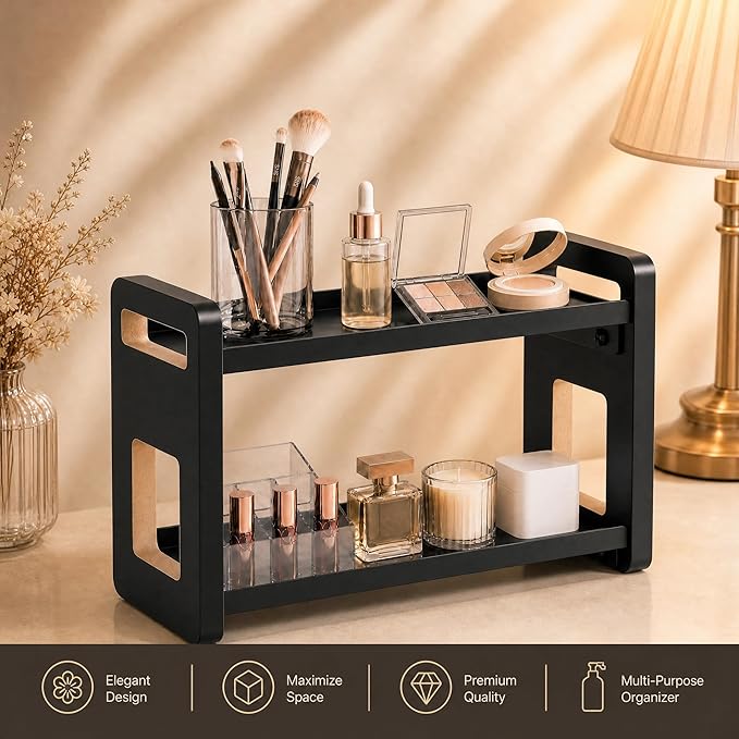 Narrow Solid Wood Bathroom Counter Organizer, Space-Saving Bathroom Storage Rack for Vanity, Multi-Purpose Kitchen Spice Rack & Bedroom Makeup Organizer(Acacia, 2 Tier)
