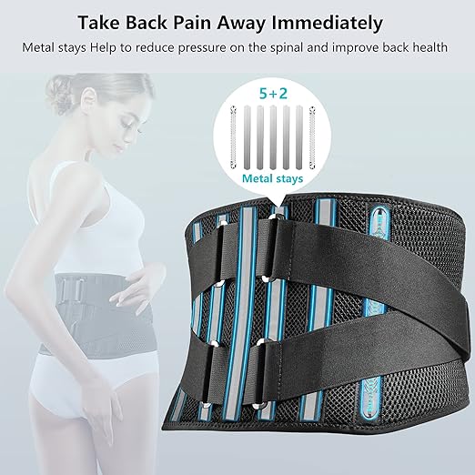 FREETOO Air Mesh Back Brace for Men Women Lower Back Pain Relief with 7 Stays, Adjustable Back Support Belt for Work, Anti-skid Lumbar Support for Sciatica Scoliosis (S(waist:27''-36''), Black)