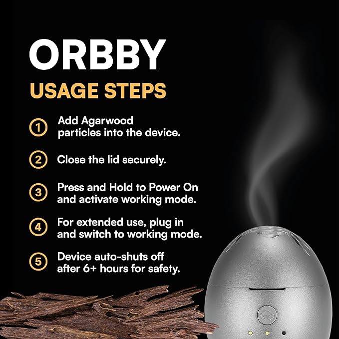 Orbby Scent Diffuser Starter Kit | Portable Mini Desk Diffuser for Office: Electric Incense Diffuser, Rechargeable Cordless Air Freshener for Home – Flameless (Gray with 1g Agarwood Pellets)