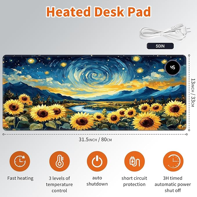 Heated Mouse Pad,Warm Desk Pad with 3 Levels Heating & 3 Hours Auto Shut-Off, PU Leather Heated Desk Pad Warmer Pad for Home Office - 31.5 x 13 inch,Starry Sky Sunflower