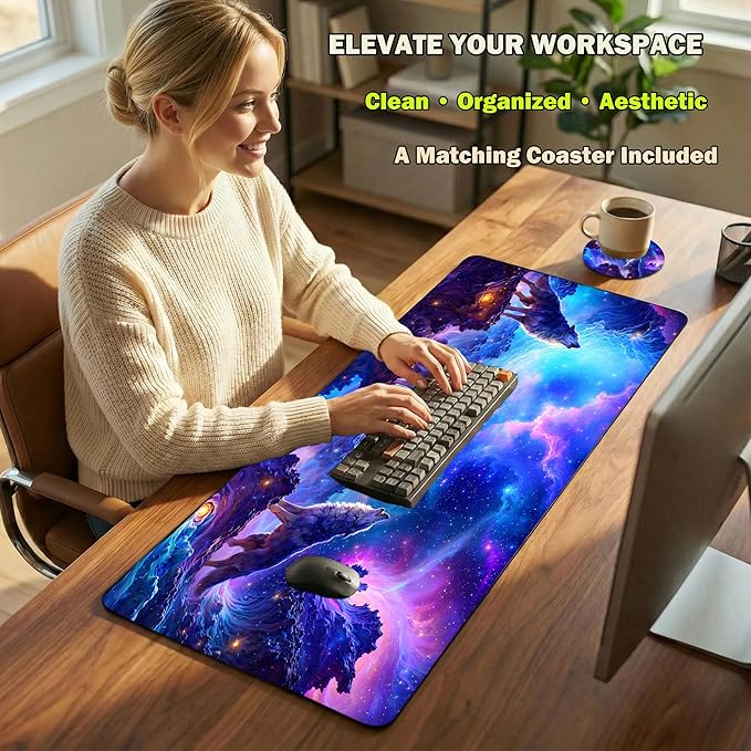 Extended Large Mouse Pad 31.5 x 11.8 Inches – AiLiTeck Premium Desk Mat Mousepad with Stitched Edges, Waterproof, Non-Slip Rubber Base for Office Home, Includes Coaster–Wolf Galaxy