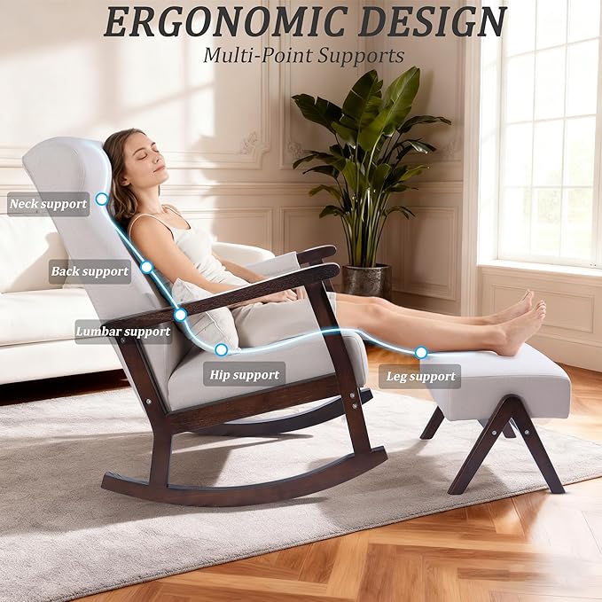 NOBLEMOOD Rocking Chair Indoor with Ottoman, Upholstered Rocking Chair with Lumbar Pillow, Side Pocket, High Back Solid Wood Frame Rocker with Footrest for Living Room
