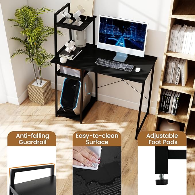 Tangkula Computer Desk with Shelves, Space Saving Home Office Desk with 3-Tier Ladder Shaped Storage Bookshelf, Modern Writing Study Desk with Metal Frame, Compact Computer Workstation (Black)