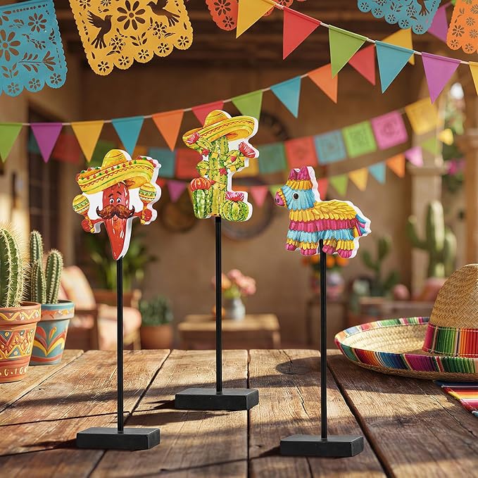 Smile Cinco De Mayo Tabletop Decor Mexican Fiesta Standing Figures (Cactus, Chili Pepper, Piñata) with Wooden Base & Sticks for Tiered Tray & Party Display
