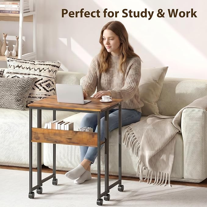 Folding Desk Small Rolling Desk with Storage Shelf,24.8 Inch Foldable Computer Table with Wheels,Portable Office Desk for Small Space Sofa Table,Easy to Fold,Writing Work Office Computer Desk,Walnut