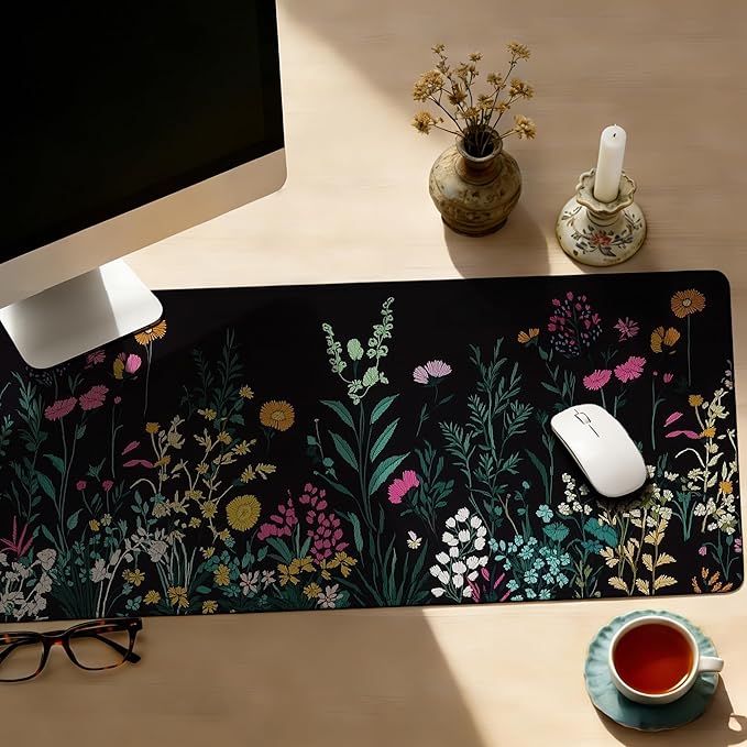 Large Gaming Mouse Pad Floral Meadow Desk Mat,Non-Slip Rubber Base Stitched Edges,Extended Mousepad for PC,Laptop,Office,Home Decor(31.5 x 11.8 Inch)