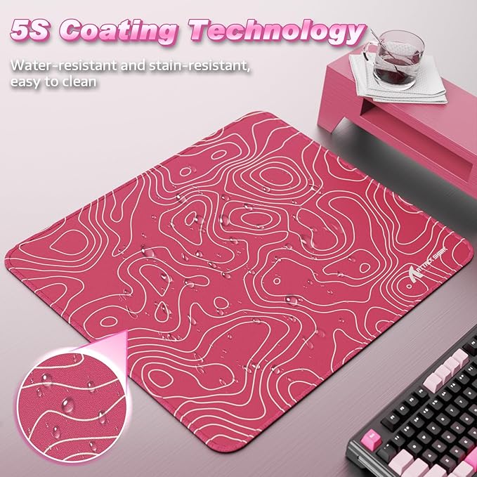 ATTACK SHARK CM02 Gaming Mouse Pad for Esports Speed Large Mouse mats for Desk Waterproof Surface Stitched Edges and Anti-Slip Rubber Base Size L Laminate 17.72” x 15.75” x 0.16” Pink Contour