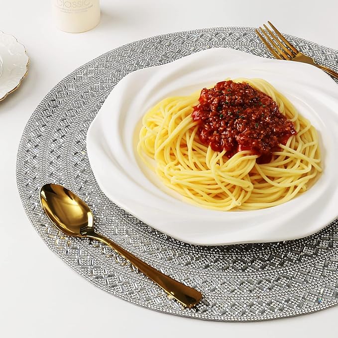 Silver Round Placemat Heat Resistant Non-Slip Table Mat for Fall Kitchen Dining Festivals Table Wedding Sparkle Christmas Decoration Glass Rhinestones Placemat (15 Inches)