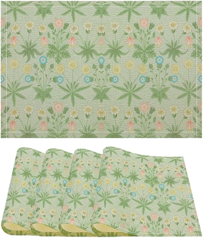William Morris Floral Placemats Vintage Flower Art Style Boho Chic Retro Floral Linen Washable Table Mats Stain Heat-Resistant Desktop Decor Place Mats for Home Kitchen Dining Party 12x18 in 6 Pcs