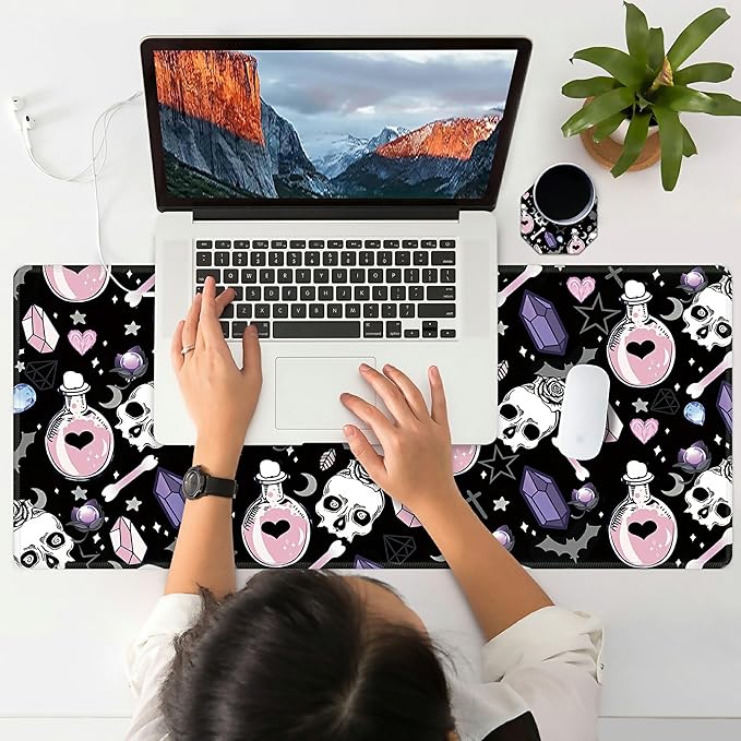 XXL Extended Mouse Pad with Coaster 31.5 x 11.8 Full Desk Mousepad Stitched Edges Pad Extended Large Gaming Mouse Pad for Office Home Desk Mat-Skull Goth Magic Cute Witchy