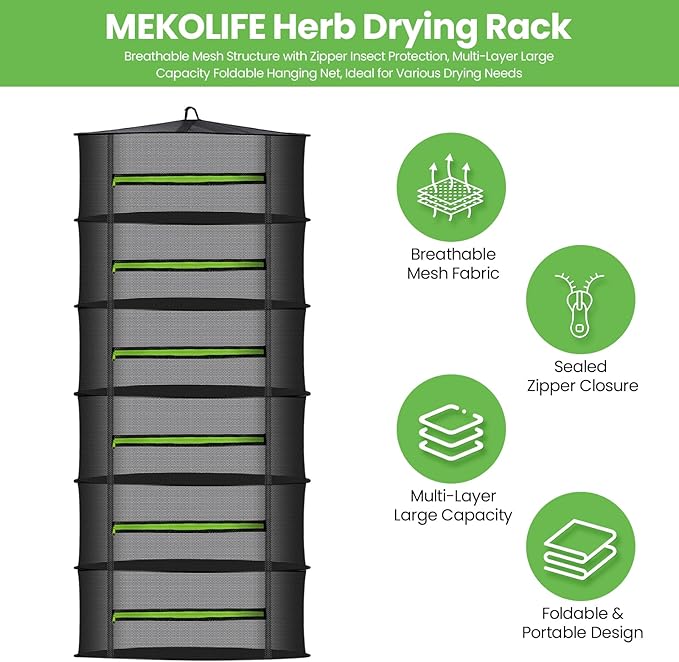 MEKOLIFE Herb Drying Rack with Mesh Design, Hanging Drying Rack with Green Zipper & Garden Pruning Shears – Versatile Plant Drying Solution (6 Layers)