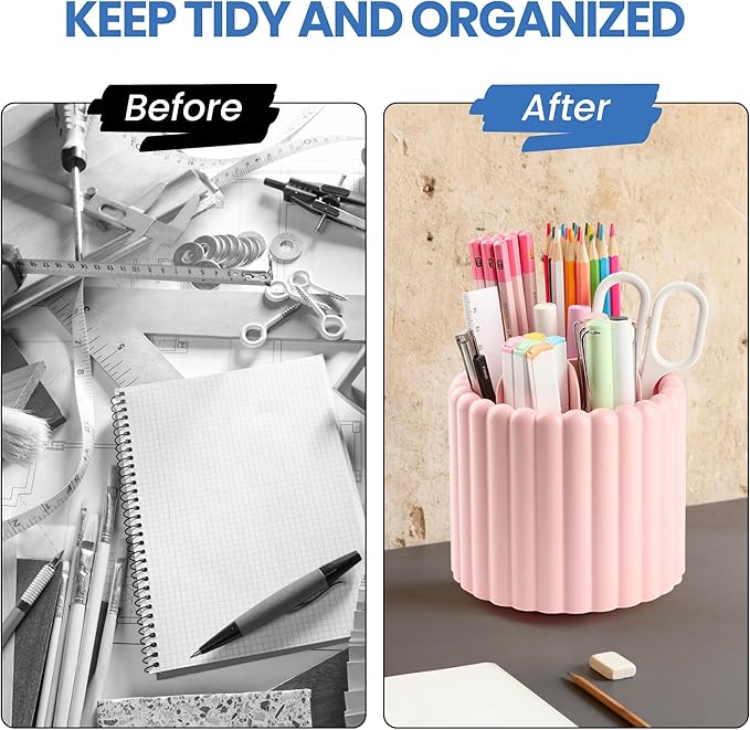 Desk Organizer, 360° Rotating Pen Holder for Desk, Pencil Cup with 7 Compartments Storage Box Caddy for Kids, Office, School, Home (White)
