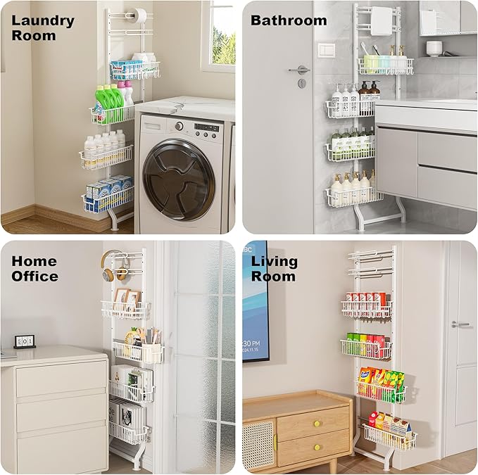 BUKFEN 6-Tier Slim Corner Shelf, Spice Rack Next to Fridge Slim, Narrow Storage Cabinet Organizer for Kitchen,Bathroom，White