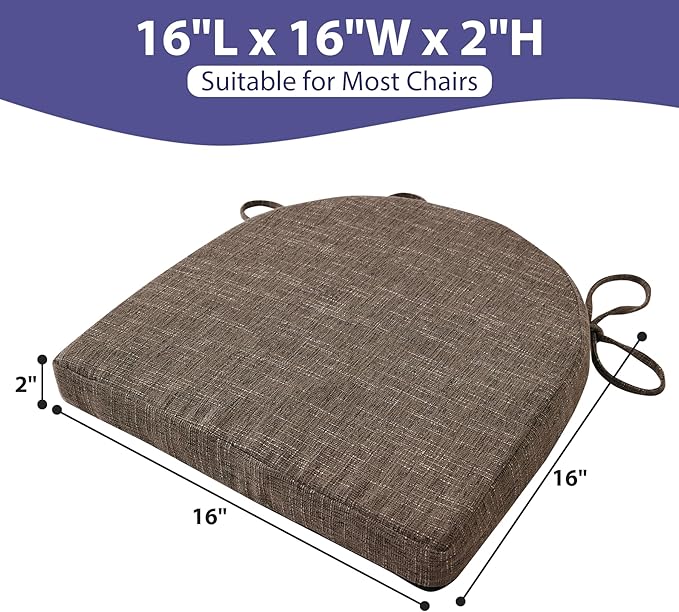 IPYNBAP Chair Cushions for Dining Chairs, Kitchen Chair Cushions, 16'' x 16'' x 2'', Non Slip Indoor Seat Cushions, Chair Pads for Dining Chairs with Ties & Removable Cover, Set of 6, Brown