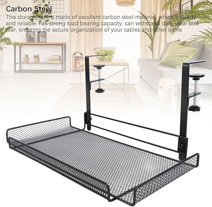 Under Desk Wire Organizer, Cable Management Tray Metal, Large Storage Tray Clamp Mount for Office Home, No Drill Cable Raceway (Black)
