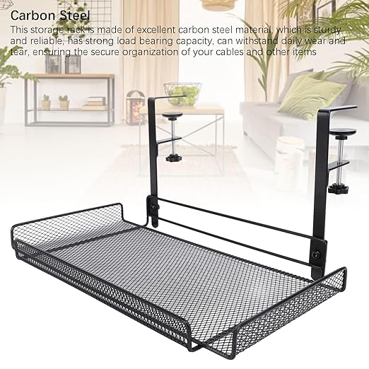 Under Desk Cable Management Tray, 14.4 x 7.9 x 6.9 Inch Large Cpacity Metal Mesh Desk Cable Tray with Clamp Mount No Drill Carbon Steel Desk Cable Organizer for Home Office (Black)