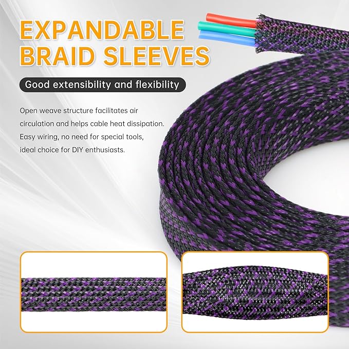 Braided Cable Sleeve, 33ft Expandable Wire Loom for Automotive Wiring Harness & PC Case, Pet-Proof Chew Resistant Cord Protector, Flexible Cable Management (Purple Black, 8mm (5/16"))