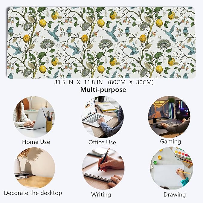 Yellow Lemon Mouse Pad,Green and Yellow Italian Lemon Desk Mat,Vintage Cottagecore Floral Desk Mat,Girly Summer Mouse Pads for Dorm Home Office Desktop Decor,31.5x11.8 Inch