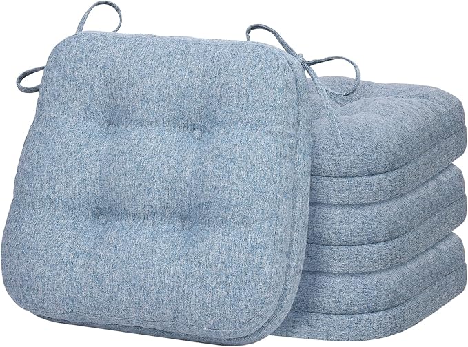 baibu Set of 4 Dining Chair Cushions, Dual-Layer Patent Design Memory Foam Kitchen Chair Cushions, Non-Slip Seat Pads with Ties, 16.5 x 16.5 x 3.5in, 4 Pack, Light Blue