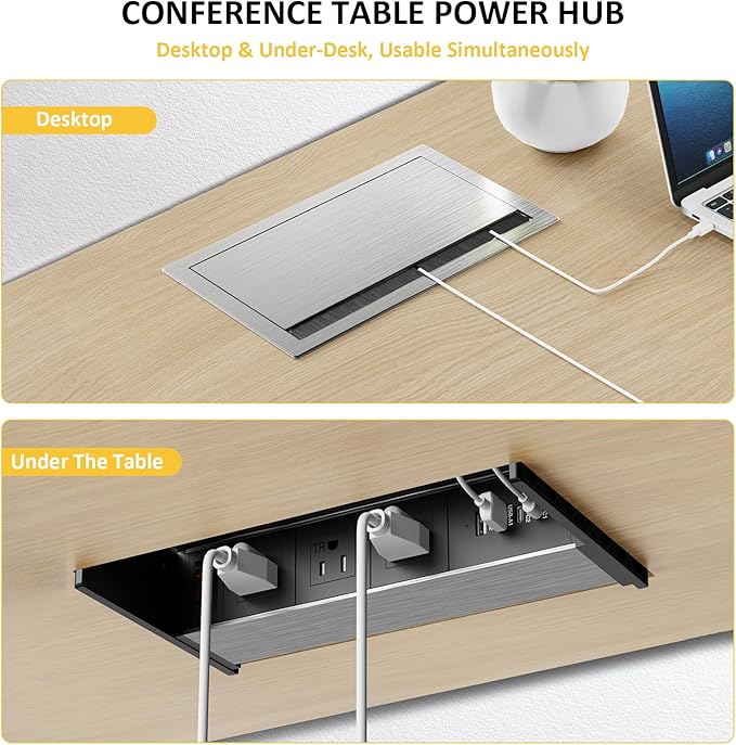 Kungfuking Recessed Power Strip with USB C PD 30W, Conference Table Power Hub Outlet Connectivity Box Rotatable with Switch and Metal Casing, 6 FT Cord