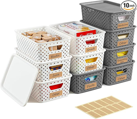10 Pack Small Plastic Storage Bins with Lids, Stackable Plastic Storage Baskets for Organizing with Handles, Organizer Bins with Labels for Room, Craft, Containers for Pantry Organizers and Storage