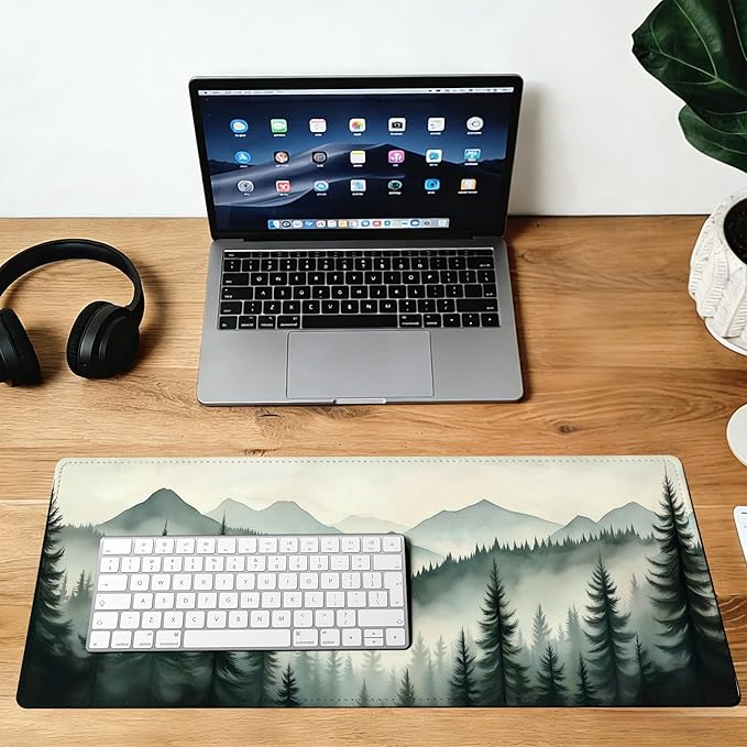 Mountain Landscape with Mist and Trees Mouse Pad,35.4 x 15.7 Inch Large Mouse Mat Non-Slip Rubber Stitched Edges for Writing Desk,Office,Home,Laptop