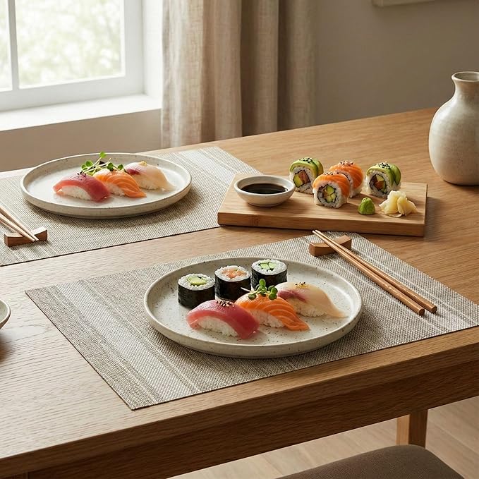 Restaurantware French Countryside 16 x 12 Inch Dining Table Placemats Set Of 6 Heat-Tolerant Kitchen Table Mats - Eggshell Stripe No Stain Khaki Vinyl Woven Rectangle Placemats Easy To Clean