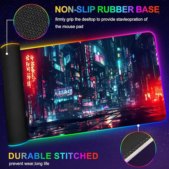 ARTSO RGB Gaming Mouse Pad Large, Extended Soft Led Mouse Pad with 14 Lighting Modes 2 Brightness, Water Resist Keyboard Pad, Computer Mousepads Mat 35.4x15.7inch, Night City