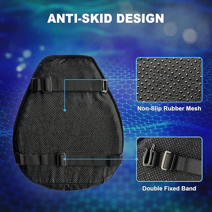 Motorcycle Seat Cushion, 3D Honeycomb Gel Pad, Pressure Relief Shock Absorption, Breathable Non-Slip Universal Cover for Long Ride, Fits Cruiser Street Touring Bike (Four Seasons)