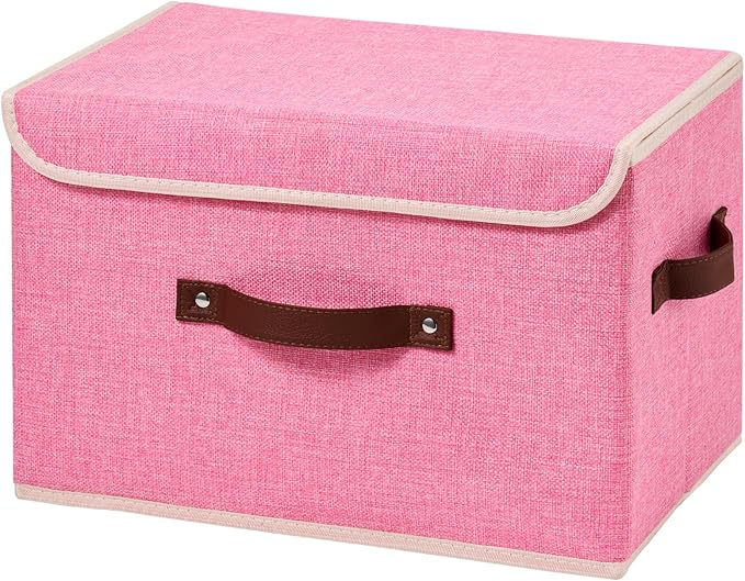 Storage Boxes with Lid Cotton Linen Fabric Storage Bins Organizer Container Decorative Collapsible Washable Shelf Baskets Faux Leather Handles for Home Bedroom Closet (Pink, Large)