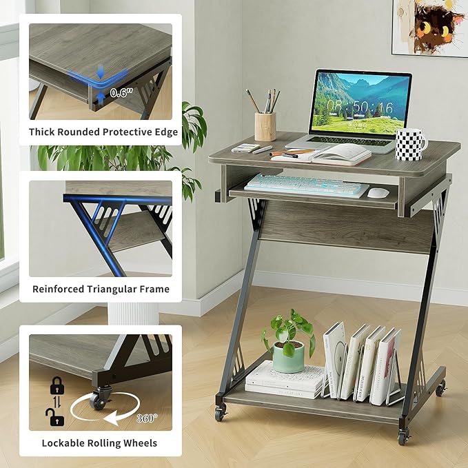ALISENED 23.6" Z-Shaped Computer Desk for Small Spaces with Keyboard Tray, Wheels and Bottom Shelves, Compact Space-Saving Home Office Workstation, Grey