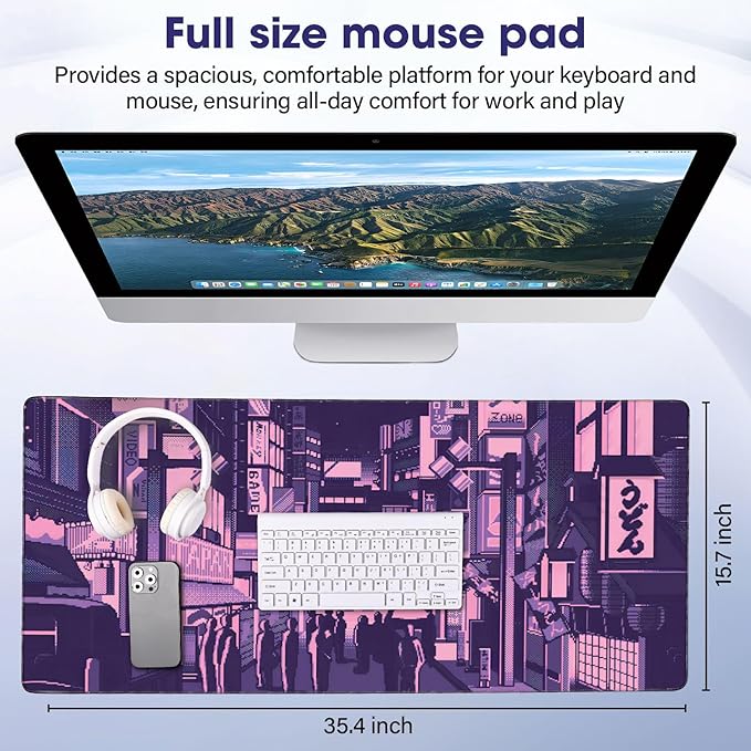 LifetimeWarrantly Japanese Large Extended Mouse Pad with Stitched Edges (35.4”x15.6”) - Waterproof Desk Mat, Non-Slip Rubber Base for All-Desk Coverage, Perfect for Gaming, Office, and Home