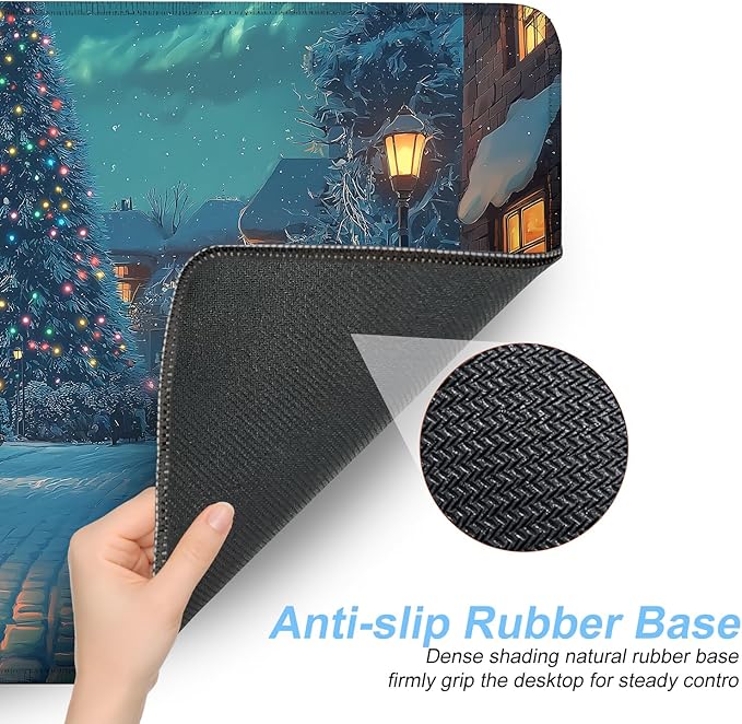 Christmas Winter Village Mouse Pad – 31.5" x 11.8" Large Extended Desk Mat with Black Cat and Christmas Tree Scene – Cozy Holiday Design, Non-Slip Base, Smooth Surface for Home & Office