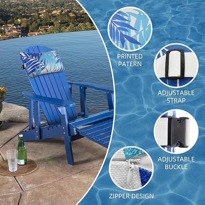Outdoor Pillow for Chaise Lounge Chair, 2pcs Chaise Lounge Pillows Lumbar Pillows with Insert and Adjustable Elastic Strap for Patio Beach Office Chair, Blue Leave