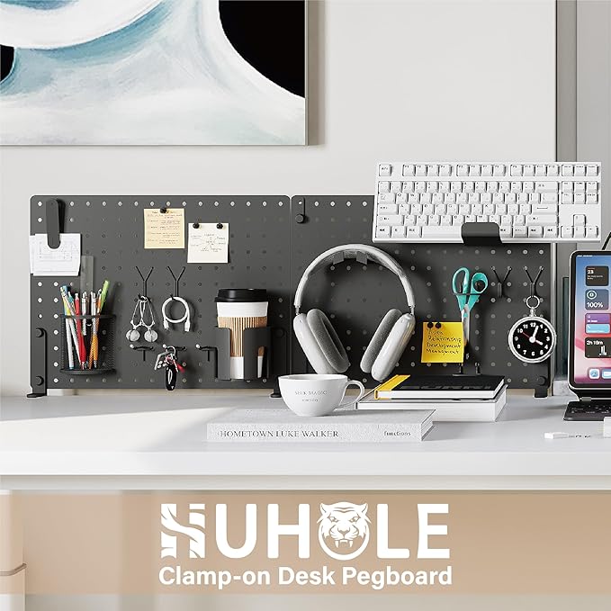 HUHOLE Clamp On Desk Pegboard 32" x 12" (Complete Kit)-No Drill Metal Desktop Privacy Panel & Organizer with Accessories-Vertical Storage Divider for Home Office, Gaming Setup-Black