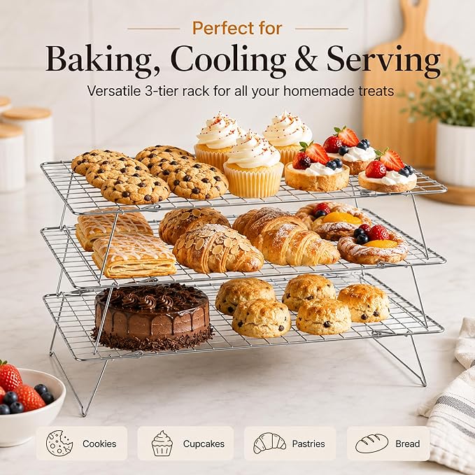 Cooling Rack, 3 Tier Stackable Cooling Racks for Cooking Baking Roasting, Multi-Level Collapsible Cookie Rack for Cakes, Oven Safe & Easy Clean (Silver, 3-Tier)