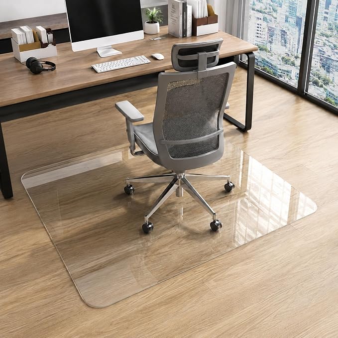 40 x 48 Inch Glass Chair Mat, 1/5 Inch Thick Tempered Glass Office Chair Mat for Carpet and Hardwood Floors, Heavy Duty Clear Computer Desk Floor Protector with 4 Anti-Slip Pads