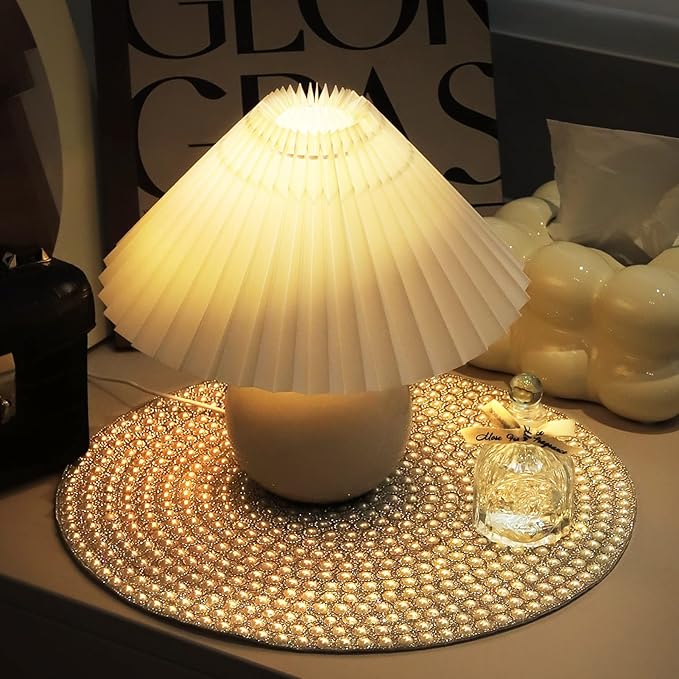 Pearl Round Placemats Set of 4, 15-inch Anti-Slip Tablescapes Decorations Sparkling Bling Rhinestones Silver Placemat for Nightstand Tablecloths Centerpiece Standing T-Lights Candles Vases Mat