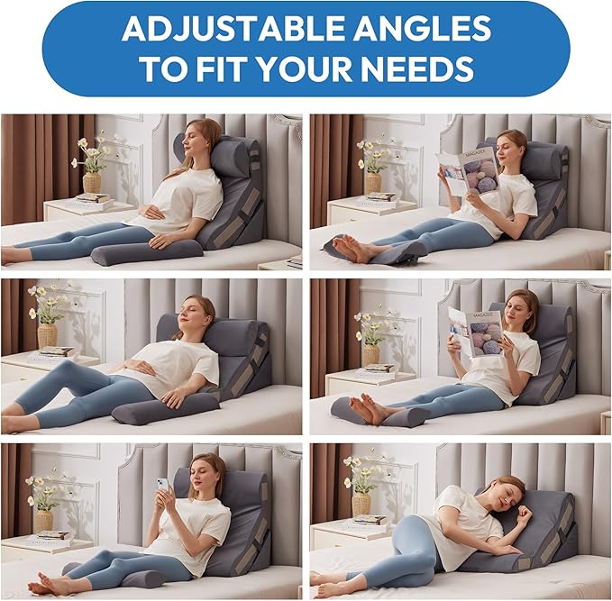 Ahpmeoa 4PCS Wedge Pillow Set for After Surgery, Back Pillow for Bed Sitting up, 10-in-1 Foam Wedge Pillow for Acid Reflux & Back Pain Relief, Post Surgery Pillow for GERD & Snoring, Plush Grey