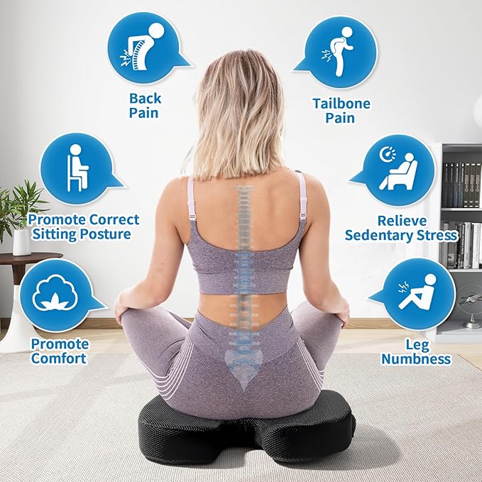 Memory Foam Seat Cushion for Office Chair & Car - Ergonomic Tailbone & Sciatica Pain Relief Pad - Non-Slip Desk Chair Cushion for Long Sitting, Breathable Mesh Pad for Posture Support (Black)