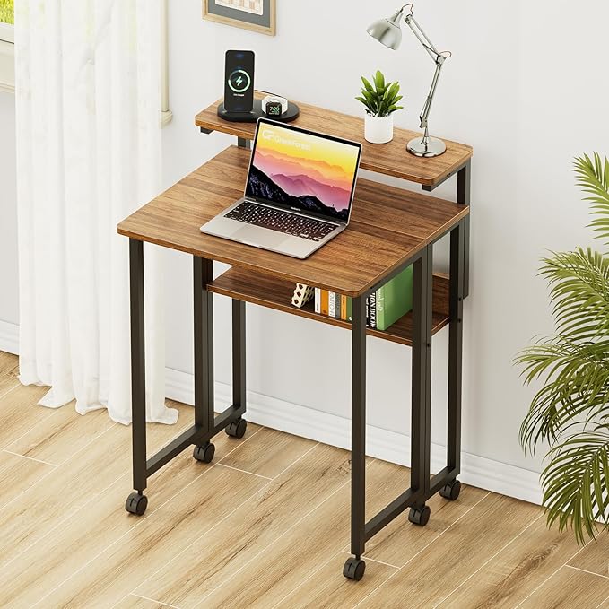 GreenForest Folding Desk with Adjustable Monitor Stand and Storage Shelf, 24.8in Small Desk with Wheels, Mobile Rolling Table for Small Spaces, Home Office, Walnut