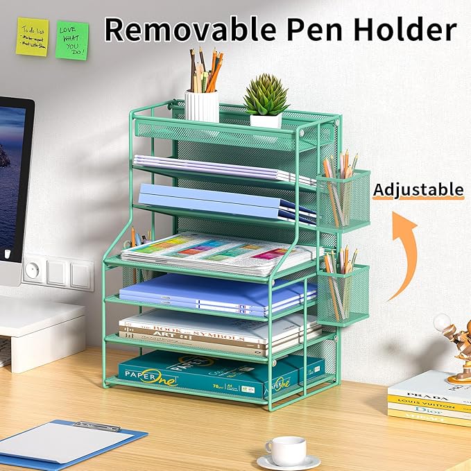 Green 7 Tier Office File Organizer, Letter Tray Paper Organizer with Pen Holder and Metal Hanging Basket, Vertical Desktop File Holder for Home Office Organization