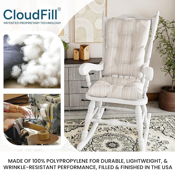 Klear Vu The Gripper Non-Slip Rocking Chair Cushion Thick, Includes Seat Pad & Back Pillow with Ties for Indoor Living Room Rocker, 17x17 Inches, 2 Piece Set, Cream