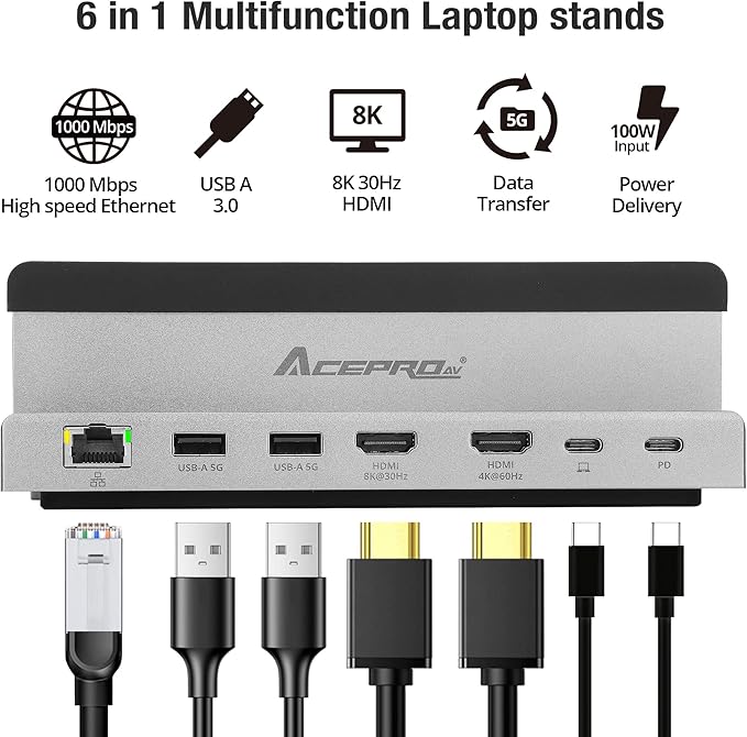 7 Port USB-C 14” Laptop Stand with Dual Display Docking Station, Tablet Holder Hub, Vertical Storage Desk Organizer/HDMI 8K30Hz, USB-A 5Gbps, Ethernet 1Gbps, 100W Power Delivery, Space Gray