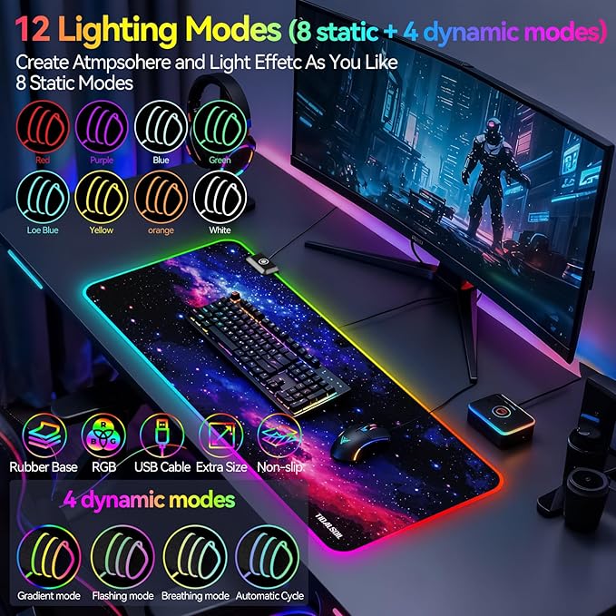 TIDALSOIL RGB Gaming Mouse Pad, Oversized Mouse Mat with 12 Light Modes, Non-Slip Rubber Base, Large Computer Keyboard Mouse Pad for PC Gaming, Office, 800 x 300 x 3 mm, Starry Sky